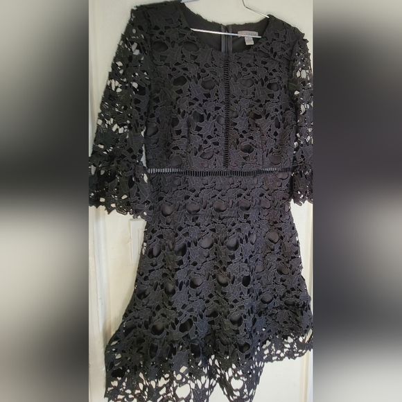 New Love X Design Jet Black Bell Sleeve Lace Mini Dress Fit And Flare Medium - Picture 5 of 16